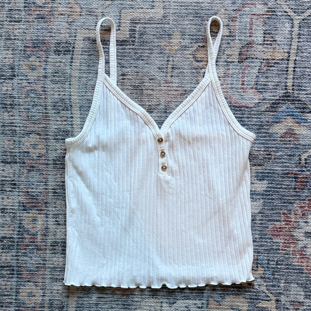 American Eagle Cream Ribbed Camisole Tank Top Henley Button Top V Neck Knit Top